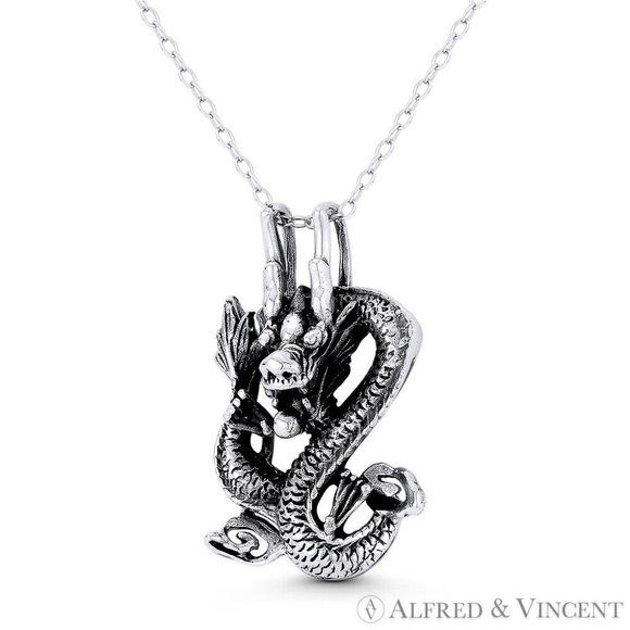 Chinese Dragon Shenlong Feng Shui Pendant in Oxidized .925 Sterling Silver - Picture 1 of 1